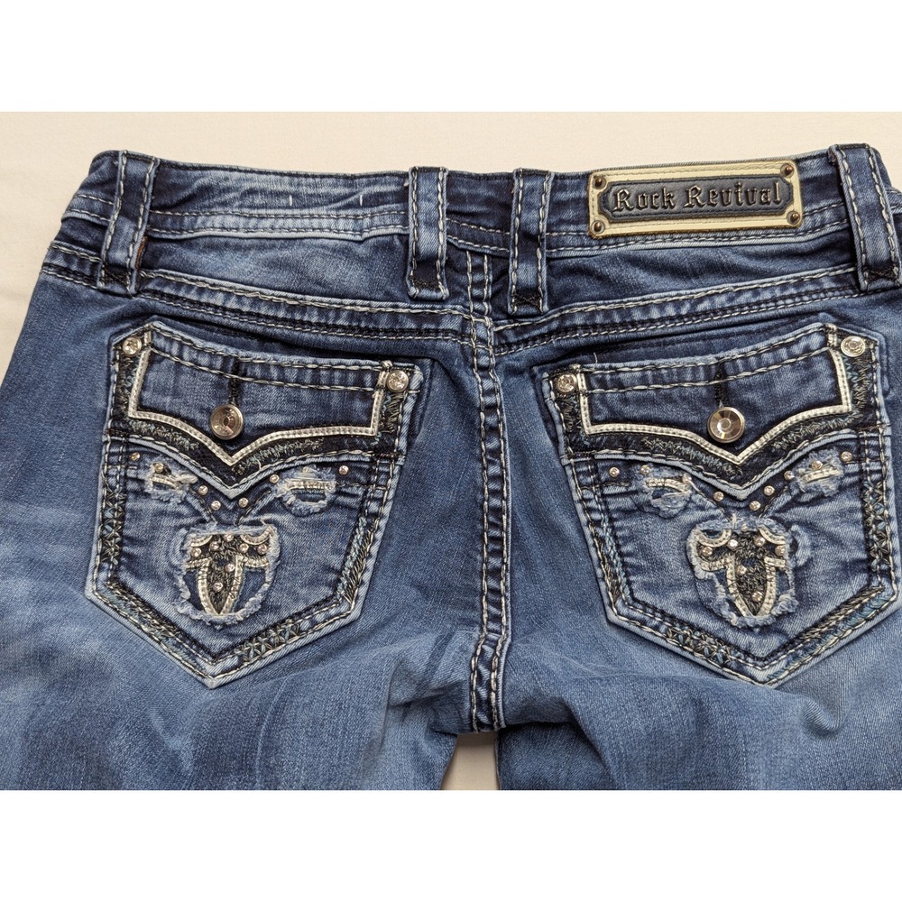 Rock Revival Meri Easy Boot Jeans Blue Medium Wash Embroidered Flap Pocket 29
